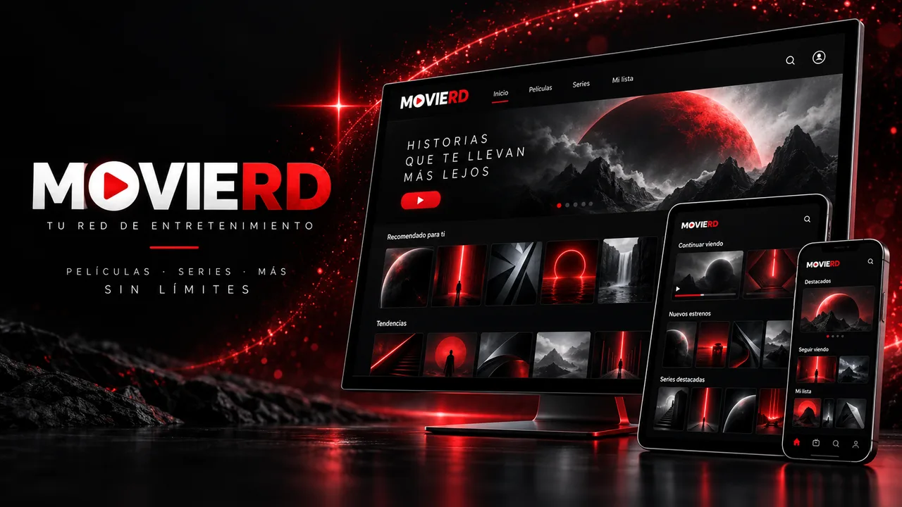 MovieRD en monitor, tablet y teléfono con su interfaz oscura y acentos rojos
